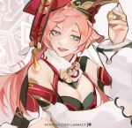  1girl bare_shoulders breasts cleavage collar detached_sleeves genshin_impact green_eyes hair_between_eyes hat hat_ornament horns lanhacy open_mouth patreon_logo patreon_username pink_hair smile solo watermark web_address yanfei_(genshin_impact) 