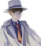  1boy bangs blue_eyes blue_shirt brown_hair cape collared_shirt commentary_request formal glasses hat highres jacket kaitou_kid looking_to_the_side male_focus meitantei_conan monocle necktie null_(skev7724) shirt short_hair simple_background smile solo top_hat twitter_username upper_body white_background white_cape white_jacket 