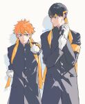  2boys 5600cm armband bangs black_hair buttons clenched_hand gakuran gloves haikyuu!! highres hinata_shouyou kageyama_tobio looking_at_viewer looking_away male_focus multiple_boys orange_hair ouendan school_uniform simple_background standing twintails white_gloves 