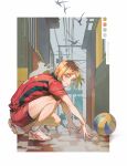  1boy arm_support ball bangs bird blonde_hair border cat full_body haikyuu!! highres kozume_kenma looking_at_viewer male_focus outdoors shoes short_hair sneakers sportswear squatting twitter_username volleyball_uniform wsr_cao_rong_rong 