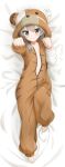  1girl absurdres animal_costume animal_hood bandages bangs barefoot bear_costume bear_hood bed_sheet boko_(girls_und_panzer) boko_(girls_und_panzer)_(cosplay) brown_eyes clenched_hands closed_mouth commentary cosplay dakimakura_(object) excel_(shena) eyepatch from_above girls_und_panzer highres hood hood_up knee_up light_brown_hair long_hair long_sleeves looking_at_viewer lying on_back on_bed onesie partially_unzipped pillow shimada_arisu smile solo 