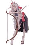  1girl absurdres animal_ears armor arrow_(projectile) bai_lang bandages bare_shoulders bow_(weapon) closed_mouth facial_mark fang fang_out fox_ears grey_hair highres holding holding_arrow leaning leaning_forward leaning_on_object long_hair mumuy onmyoji pauldrons red_eyes shoulder_armor simple_background single_pauldron sketch solo weapon white_background 