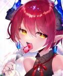  1girl artist_name aya_(aya_op10s) bangs black_shirt demon_girl earrings eyebrows_visible_through_hair fangs feather_boa fork gem hair_between_eyes highres holding holding_fork horns jewelry looking_at_viewer multiple_rings neck_ribbon open_mouth original pointy_ears red_hair red_neckwear ribbon shirt simple_background sleeveless sleeveless_shirt white_background yellow_eyes 