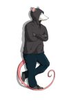  anthro blue_eyes bottomwear claws clothed clothing cringer_opossum_(character) crossed_arms dante_mutt_(artist) denim denim_clothing didelphid footwear fur grey_body grey_fur hoodie humanoid jeans male mammal marsupial pants shoes simple_background solo topwear 