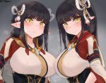  2girls aliasing black_hair blush breasts close corset gradient hinoa jtveemo long_hair minoto monster_hunter monster_hunter_rise necklace pointed_ears signed twins yellow_eyes 