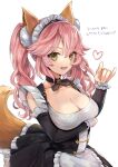  1girl animal_ears bangs breasts cleavage collarbone dress fangs fate/grand_order fate_(series) fox_shadow_puppet frilled_dress frills hane_yuki highres large_breasts looking_at_viewer maid medium_hair open_mouth smile tail tamamo_(fate)_(all) tamamo_no_mae_(fate) twintails wavy_hair 