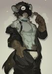 2021 anthro arknights athletic athletic_anthro athletic_male black_bottomwear black_clothing black_hair black_pants bottomwear bulge clothing fur gas_mask gloves gradient_background grey_body grey_fur hair half-closed_eyes handwear hi_res hyaenid hypergryph inner_ear_fluff kemono looking_at_viewer male mammal mask milkytiger1145 narrowed_eyes pants simple_background solo spot_(arknights) spots spotted_body spotted_fur studio_montagne tuft underwear undressing video_games white_clothing white_underwear 