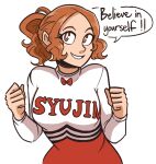  alternate_costume alternate_hairstyle arms_up bow bowtie breasts cheering cheerleader clenched_hands english_text large_breasts looking_at_viewer official_alternate_costume okumura_haru persona persona_5 ponytail scruffyturtles skirt 