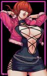  1girl artist_request breasts brown_hair cleavage cleavage_cutout clothing_cutout cropped_jacket earrings hair_over_eyes highres jewelry large_breasts leotard lips lipstick long_hair makeup miniskirt ponytail red_hair shermie_(kof) skirt smile solo split_ponytail the_king_of_fighters twintails 