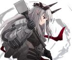  1girl arknights bangs black_gloves closed_mouth commentary_request expressionless gloves hammer highres holding holding_hammer holding_weapon horns long_hair looking_afar looking_at_viewer midriff mudrock_(arknights) pointy_ears raw_egg_lent red_eyes silver_hair solo sports_bra stomach translation_request upper_body weapon 