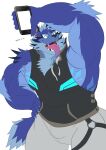  absurd_res anthro blue_body blue_fur canid canine canis cellphone fur hi_res long_tongue male mammal muscular muscular_anthro muscular_male pecs phone sleeveless_hoodie smartphone solo tindalos_(tas) tokyo_afterschool_summoners tongue toranoyouhei video_games wolf 