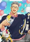  1boy :d balloon black_sweater bottle bow brown-framed_eyewear character_name cup drinking_glass facial_hair food fruit glasses grey_hair grey_pants harigiri305 highres lemon lemon_slice looking_at_viewer maimoto_keisuke male_focus nijisanji open_mouth pants short_hair silver_eyes smile solo sparkle stubble stuffed_animal stuffed_toy sweater teddy_bear virtual_youtuber 