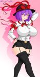  1girl belt breasts collared_shirt feet garter_straps hat highres huge_breasts legs megamoo miniskirt nagae_iku panties purple_hair red_eyes red_ribbon ribbon shirt skirt thighhighs thighs touhou underwear white_shirt 