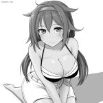  1girl bikini breasts cleavage collarbone cypress from_above front-tie_bikini front-tie_top greyscale hair_flaps hairband kantai_collection large_breasts long_hair monochrome remodel_(kantai_collection) shiratsuyu_(kancolle) shorts sitting smile solo swimsuit twitter_username wariza 