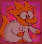  alphys anthro barefoot big_eyes buckteeth clothed clothing english_text eyewear feet female front_view fully_clothed glasses glitch_(artist) happy hi_res hunched_over lizard looking_at_viewer open_mouth open_smile orange_body orange_scales pigeon_toed reptile scales scalie signature smile solo standing teeth text thick_tail undertale video_games 