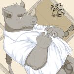  1:1 2020 anthro balls belly blush clothing dressing edit eyes_closed flaccid genitals hi_res humanoid_hands kemono male mammal overweight overweight_anthro overweight_male penis rhinocerotoid shirt solo tanutronik753_k topwear uncensored 
