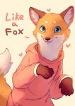  &lt;3 2018 anthro biped blue_sclera canid canine clothed clothing color_fox digital_media_(artwork) english_text female fluffy fox fur hoodie looking_at_viewer mammal orange_body orange_fur red_clothing simple_background text topwear white_body white_fur 
