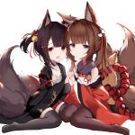  2girls absurdres akagi-chan_(azur_lane) amagi-chan_(azur_lane) an_yasuri animal_ears azur_lane bangs banned_artist bell black_legwear blunt_bangs blush brown_hair fox_ears fox_tail hair_bell hair_ornament hair_ribbon hairclip highres holding_hands japanese_clothes kyuubi long_hair multiple_girls multiple_tails off-shoulder_kimono off_shoulder open_mouth pantyhose red_eyes ribbon sidelocks simple_background tail thighhighs twintails white_background wide_sleeves 