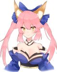  1girl animal_ear_fluff animal_ears artist_request bare_shoulders blue_kimono blue_ribbon breasts detached_sleeves eyebrows_visible_through_hair fate/extella fate/extra fate/extra_ccc fate/grand_order fate_(series) fox_ears fox_girl hair_ribbon japanese_clothes kimono large_breasts looking_at_viewer pink_hair ribbon simple_background solo tamamo_(fate)_(all) tamamo_no_mae_(fate) upper_body white_background yellow_eyes 