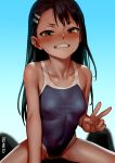  1girl as109 bangs black_hair blue_swimsuit blush breasts brown_eyes collarbone covered_navel dark_skin dark_skinned_female fang girl_on_top hair_ornament hairclip highres ijiranaide_nagatoro-san lips long_hair looking_at_viewer nagatoro_hayase one-piece_swimsuit school_swimsuit small_breasts solo_focus sweat swimsuit teeth v 