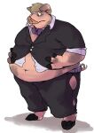  anthro belly big_belly blonde_hair bow_tie clothed clothing daef domestic_pig fingers hair hand_on_stomach hooved_fingers hooves implied_transformation male mammal moobs mottled mottled_body mottled_skin navel obese obese_anthro obese_male overweight overweight_anthro overweight_male piebald piebald_body piebald_skin simple_background solo spots spotted_body spotted_skin standing straining_buttons suid suina suit sus_(pig) thick_thighs torn_clothing weight_gain white_background 