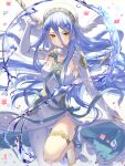  1girl azura_(fire_emblem) blue_eyes bubble detached_collar dress elbow_gloves fingerless_gloves fire_emblem fire_emblem_fates fire_emblem_heroes gloves haru_(nakajou-28) highres holding holding_weapon jewelry long_hair looking_down necklace petals polearm side_slit simple_background single_thighhigh sleeveless sleeveless_dress solo spear thighhighs veil very_long_hair water weapon white_gloves white_legwear yellow_eyes 