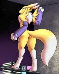  anthro breasts city digimon digimon_(species) female furball_(artist) hi_res mammal mostly_nude night night_sky rear_view renamon side_boob sky solo standing star starry_sky 