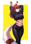  abs absurd_res anthro athletic athletic_female big_ears black_clothing blue_eyes bottomwear breasts brown_body brown_fur clothing crossed_legs eyebrows eyelashes facial_markings felid female fluffy fluffy_tail fur hair hands_behind_head head_markings hi_res logo long_hair long_sleeves long_tail mammal markings markings_(fur) midriff navel pants pgm300 raised_arms red_hair red_nose simple_background small_nose small_waist smile solo sweater tan_body tan_fur thick_thighs topwear wide_hips 