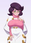  1girl absurdres blush breasts buttons closed_mouth commentary glasses green_eyes hand_up highres large_breasts lipstick long_sleeves looking_at_viewer makeup nail_polish pink-framed_eyewear pink_lips pink_nails pokemon pokemon_(game) pokemon_sm purple_hair ribbed_sweater riz short_hair smile solo sweater turtleneck turtleneck_sweater wicke_(pokemon) 