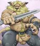  absurd_res anthro balls belt blonde_hair chaps clothed clothing digimon digimon_(species) dudebulge facial_hair genitals hair hi_res holding_object holding_weapon humanoid_genitalia humanoid_penis leomon male musclegut muscular muscular_male mustache nipples panties pecs penis pubes solo topless underwear weapon 