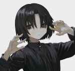  1girl black_eyes black_hair black_shirt collared_shirt expressionless hands_up highres looking_at_viewer original parted_hair shirt short_hair simple_background skkc_128 solo upper_body white_background 