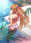  1girl ass back bare_shoulders bikini blue_ribbon blush breasts brown_hair from_behind girls_frontline green_eyes hair_ribbon halterneck highres large_breasts long_hair looking_at_viewer looking_back m1903_springfield_(girls_frontline) o-ring o-ring_bikini official_alternate_costume pool poolside ribbon sarong see-through shoukaki_(earthean) shoulder_blades sidelocks signature solo stairs swimsuit twintails wading water 