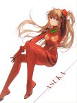  1girl absurdres arm_up bodysuit breasts brown_hair character_name floating_hair full_body highres long_hair neon_genesis_evangelion plugsuit red_bodysuit run_(sweettimehappy) shiny shiny_hair simple_background small_breasts solo souryuu_asuka_langley very_long_hair white_background 