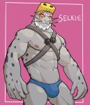  2021 abs anthro barazoku beard bulge character_name clothing facial_hair harness headgear hi_res jrjresq looking_at_viewer male mammal marine muscular muscular_anthro muscular_male my_hero_academia navel nipples pecs pink_background pinniped pinup pose seal selkie_(my_hero_academia) simple_background solo spotted_seal standing thong underwear 
