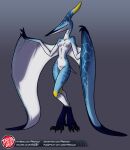  anthro blue_body blue_scales breasts claws curvy_figure digitigrade female gradient_background hi_res leg_markings markings nipples non-mammal_breasts nude pink_nipples predaguy pteranodon pteranodontid pterosaur reptile scales scalie simple_background skinny socks_(marking) solo text url white_body white_scales winged_arms wings yellow_eyes 