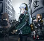  404_(girls_frontline) 4girls absurdres agent_416_(girls_frontline) assault_rifle back backpack bag bangs black_gloves black_jacket black_legwear black_shorts black_skirt blue_hair blush brown_gloves brown_hair closed_eyes closed_mouth daisy_cutter eyebrows_visible_through_hair fingerless_gloves g11_(girls_frontline) girls_frontline gloves green_eyes green_jacket grey_hair gun h&amp;k_g11 h&amp;k_hk416 h&amp;k_ump headphones highres hk416_(girls_frontline) holding holding_weapon jacket light_brown_hair long_hair looking_at_viewer multiple_girls navel pantyhose rifle saliva scarf shirt shorts simple_background skirt smile standing submachine_gun tom_clancy&#039;s_the_division_2 twintails ump45_(girls_frontline) ump9_(girls_frontline) weapon white_shirt 
