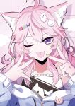  1girl ahoge alternate_costume animal_ear_fluff animal_ears cat_ears cat_girl fang fang_out hands_on_own_face highres long_hair looking_at_viewer nail_polish nyatasha_nyanners off_shoulder official_art one_eye_closed paw_print pink_hair puppeteer7777 purple_eyes shirt solo straight-on tongue tongue_out transparent_background virtual_youtuber vshojo w yellow_nails 