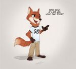  2021 absurd_res anthro barefoot bottomwear brown_body brown_fur canid canine car_fox clothed clothing dialogue english_text feet fox fully_clothed fur hi_res male mammal open_mouth open_smile pants pointedfox shirt signature smile solo standing t-shirt text text_on_clothing text_on_shirt text_on_topwear tongue topwear 