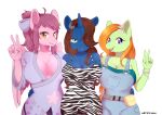  accessory animal_print anthro blossom_(character) clothing earth_pony equid equine female flower flower_in_hair group hair hair_accessory hair_over_eye hasbro horizon_glyph horn horse looking_at_viewer mammal my_little_pony nintendo one_eye_obstructed overalls peace_sign_(disambiguation) pegasus plant pok&eacute;mon pony short_stack_(character) simple_background sion_(artist) smiling_at_viewer unicorn video_games white_background wings zebra_print 