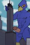  anthro arwing avian bird bodily_fluids building city erection falco_lombardi genital_fluids genitals hi_res macro male marcofox nintendo penis precum star_fox video_games 