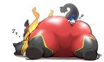  2018 alternate_version_at_source ambiguous_gender anthro between_butt big_butt black_body bodily_fluids butt butt_grab drooling duo emboar featureless_crotch feral fire flaming_hair flaming_mane hand_on_butt hi_res mammal multicolored_body nintendo nude oshawott overweight overweight_ambiguous overweight_anthro pok&eacute;mon pok&eacute;mon_(species) pseudo_hair pseudo_mane red_body saliva simple_background size_difference sleeping smaller_ambiguous suzume_333 video_games 