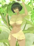  1girl bandeau breasts brown_eyes cleavage closed_mouth cowboy_shot green_hair highres large_breasts leaf original outdoors sarong short_hair solo tan tanline throtem 