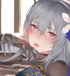  1girl au11 azur_lane bangs blush close-up commentary_request eyebrows_visible_through_hair flower grey_hair hair_between_eyes hair_flower hair_ornament heart heart-shaped_pupils looking_at_viewer official_alternate_costume red_eyes saint-louis_(alluring_administrator)_(azur_lane) saint-louis_(azur_lane) sheer_clothes sheer_gloves solo symbol-shaped_pupils tongue tongue_out window 