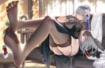 1girl ass au11 azur_lane bangs blue_dress blush china_dress chinese_clothes commentary_request dress fan feet foot_focus garter_straps grey_hair holding holding_fan indoors long_hair no_shoes official_alternate_costume parted_lips red_eyes saint-louis_(alluring_administrator)_(azur_lane) saint-louis_(azur_lane) sheer_clothes sheer_gloves sheer_legwear sitting soles solo table thighhighs toes window 