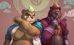  anthro barghest_(tas) brown_body brown_fur cigarette clothing duo eruprior fur green_hair hair jacket male mammal mohawk musclegut red_hair smoking tokyo_afterschool_summoners topwear ursid video_games 