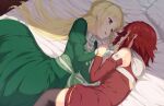  2girls bed bedroom blonde_hair commentary couple dress eye_contact finger_to_another&#039;s_mouth green_dress happy highres indoors izetta light_blush long_hair looking_at_another multiple_girls nuenue on_bed ortfine_fredericka_von_eylstadt pillow purple_eyes red_hair short_hair shuumatsu_no_izetta smile thighhighs yuri 