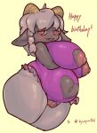  anthro big_breasts biped black_body blush bovid braided_hair breasts caprine chubby_female clothed clothing english_text female genitals hair horn leotard mammal navel nipples pussy red_eyes sheep simple_background skimpy slightly_chubby solo solterv standing text thick_thighs tongue tongue_out white_hair 
