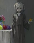  1girl apple black_dress black_eyes collared_shirt dress expressionless flower flower_pot food fruit grapes grey_background highres holding holding_food holding_fruit lemon looking_to_the_side original pear shadow shirt skkc_128 solo table two_side_up white_hair white_shirt 