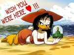  &lt;3 2021 anatid anseriform anthro avian beach bird black_eyes black_hair breasts chochi cleavage clothed clothing cloud coin duck english_text feathers female hair hat headgear headwear hi_res magica_de_spell number_one_dime sea seaside sky smile solo sun_hat text water white_body white_feathers 