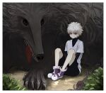  1boy bare_legs black_shirt black_shorts boots claws dog expressionless eyebrows_visible_through_hair full_body highres hunter_x_hunter killua_zoldyck looking_at_viewer male_focus mike_(hunter_x_hunter) outdoors plant purple_eyes shirt short_hair short_sleeves shorts sitting sitting_on_ground skkc_128 tongue tongue_out turtleneck v-neck white_hair white_shirt 